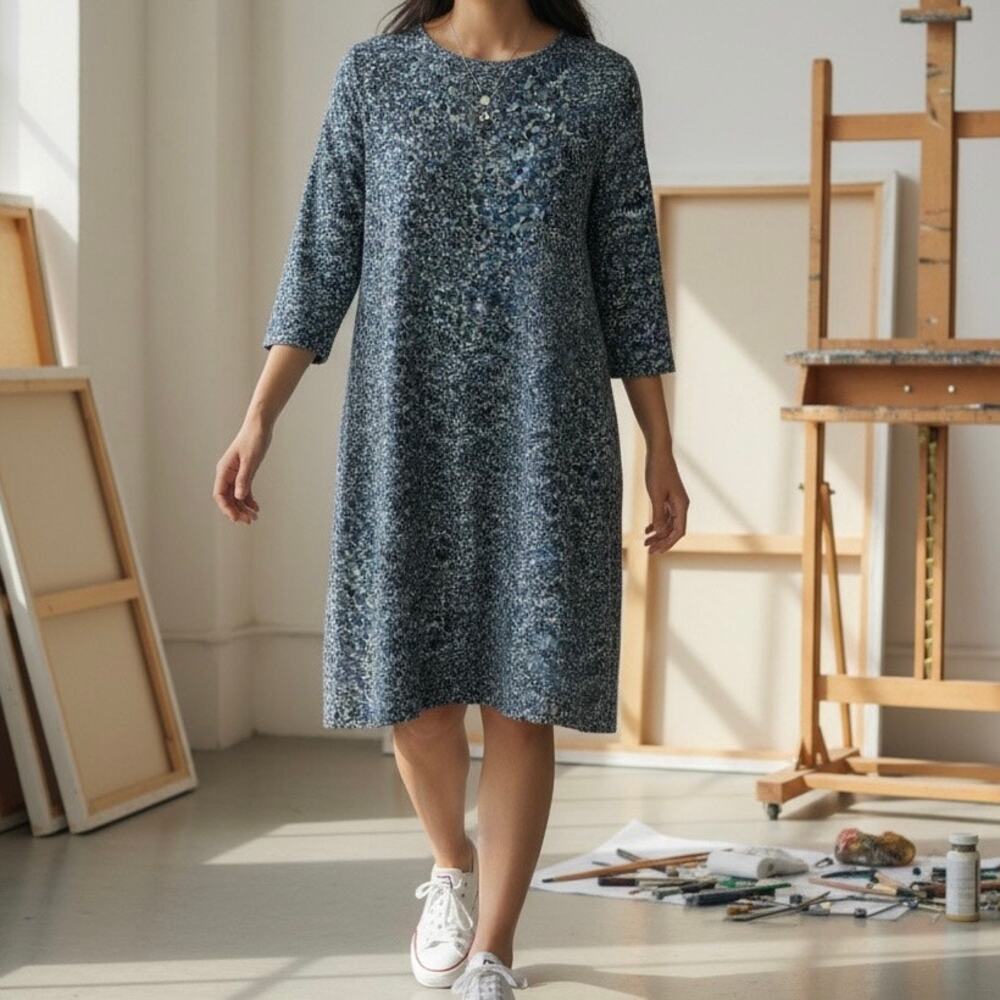 Woolovers Printed Knit A-Line Dress Women's 14 Blue Printed 3/4 Sleeves